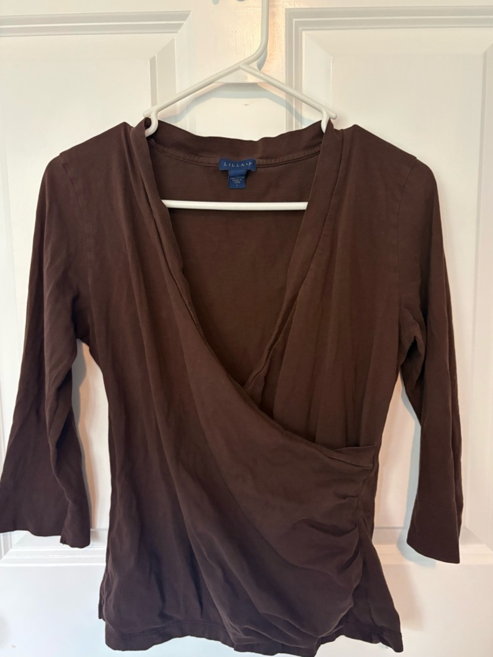 Lilla P Chocolate Brown 100% Pima Cotton V-neck with flattering side ruching